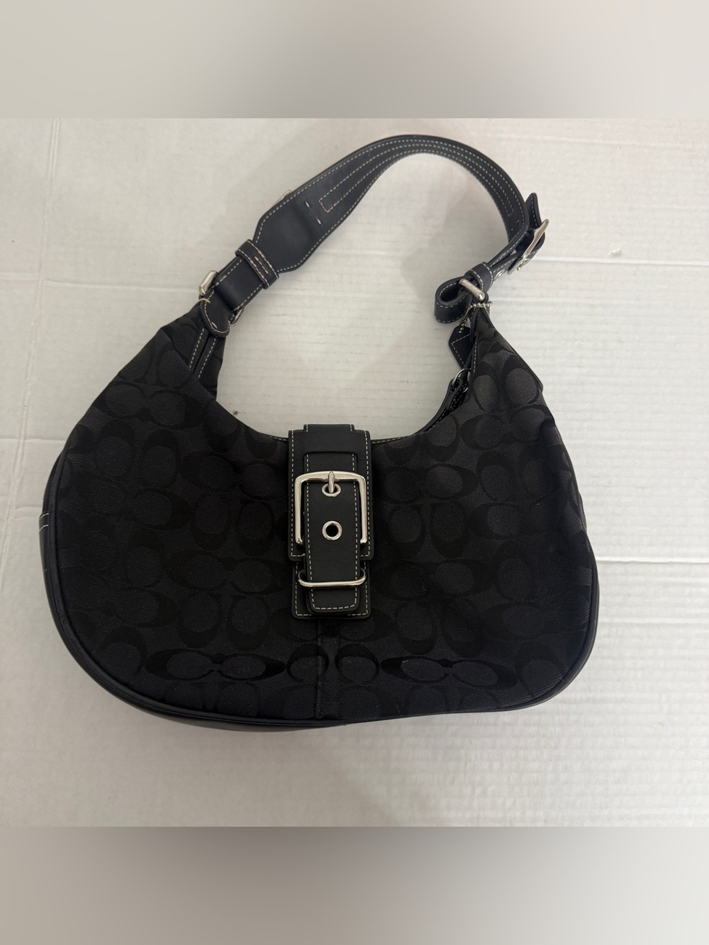 Coach Black Signature Shoulder Bag with Buckle Accent